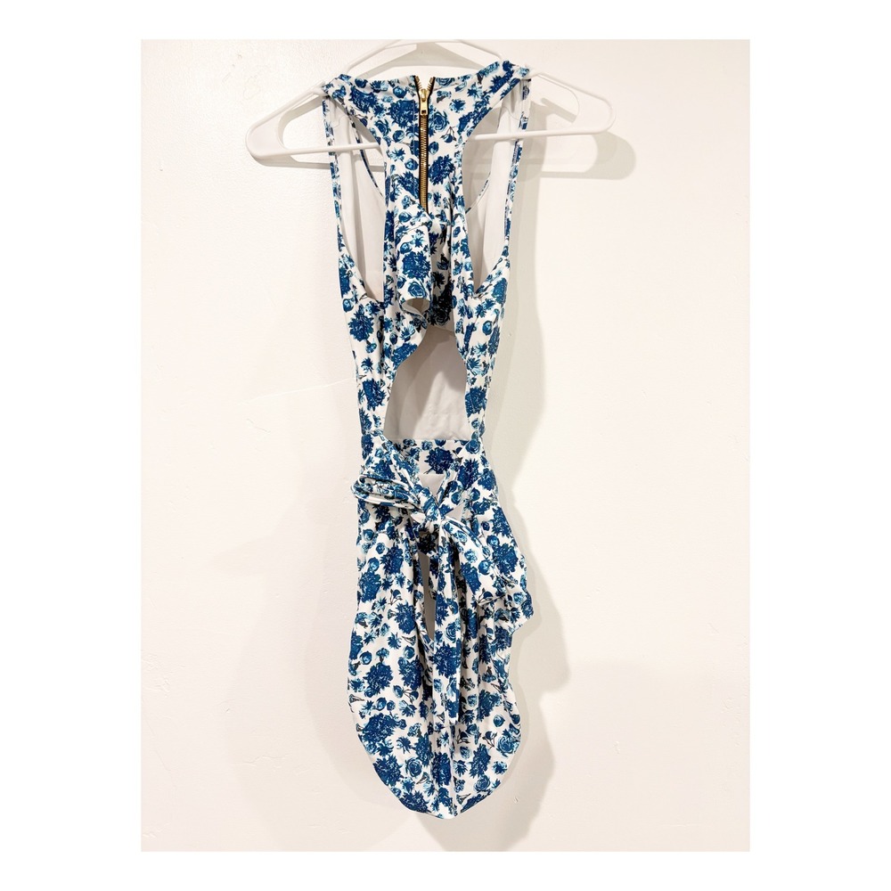 Albion Fit Blue Floral One Piece Swimsuit Front Zip Back Cutout Tie Womens L - Picture 3 of 3